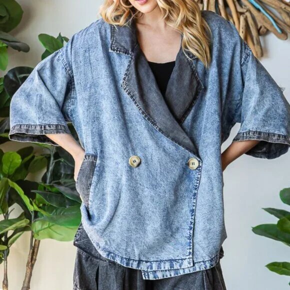 091 Oli & Hali Star Patch Tencel Short Sleeve Blazer Jacket NWOT Size Large - Picture 2 of 14